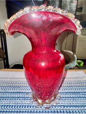 Unbranded Ruby Red Ruffled Glass Vase with Clear Trim